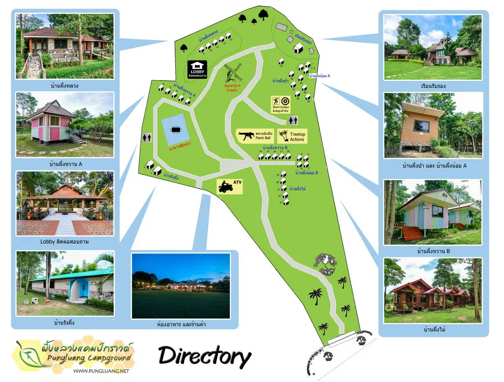 แผนผังรีสอร์ท ผึ้งหลวง แคมป์กราวด์ — ตำแหน่งบ้านพักและจุดกิจกรรม